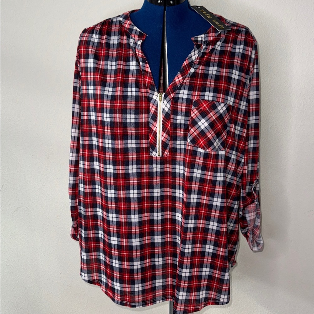Lynn Ryan shirt v neck with short zipper tie up sleeves plaid blue white red 2X